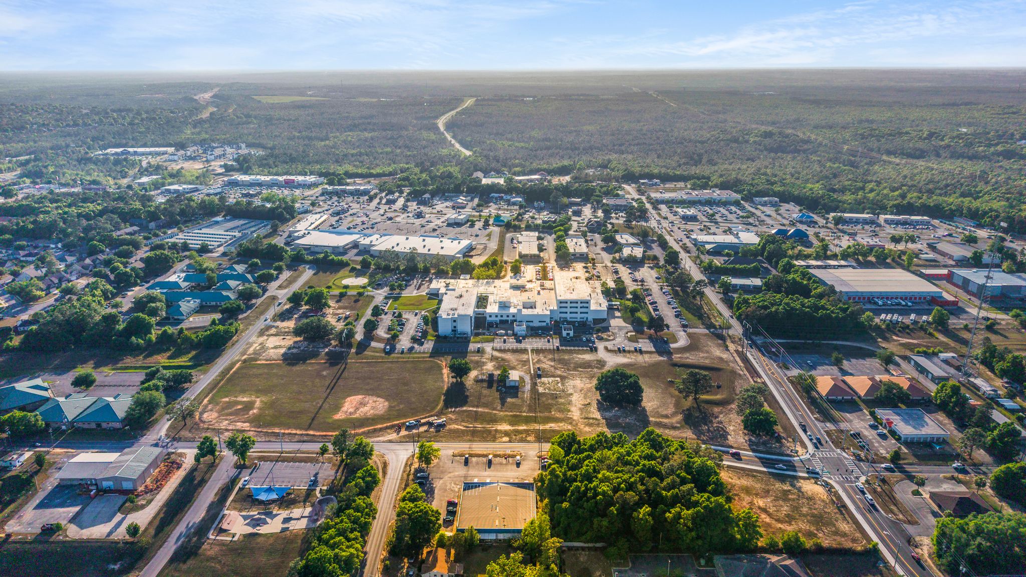 Aerial view of 577 Brookmeade Drive medical office building and the surrounding Crestview commercial corridor